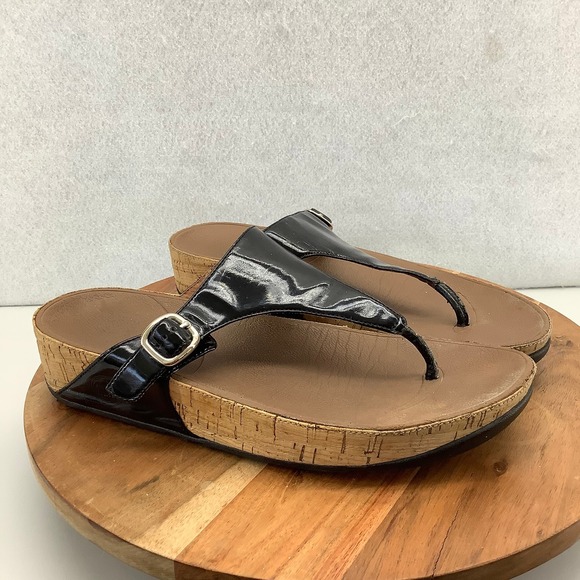 Fitflop‎ Black Patent Leather Buckle Cork Comfort Thong Sandals US 11 - Picture 1 of 10